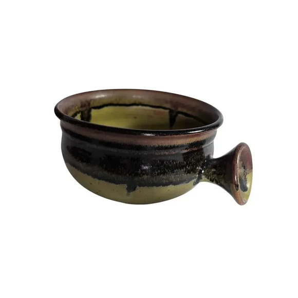 Ceramic Pottery Bowl With Handle Yellow And Brown , Bean Pot Soup - Picture 1 of 15